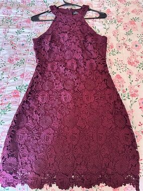 Lulu's Plum Floral Lace Halter Mini Dress
